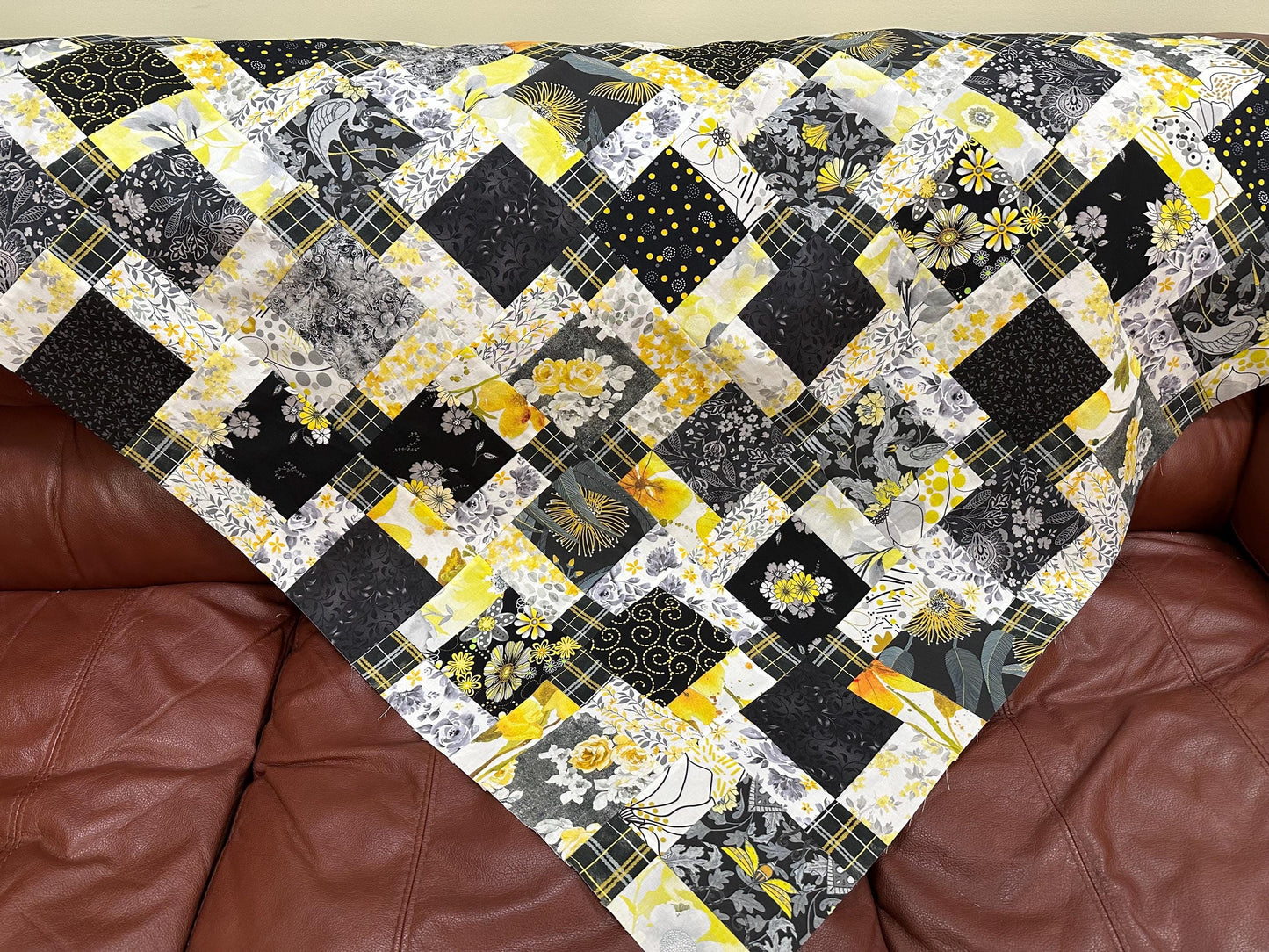 Handmade Black Gray Yellow Floral Quilt Top: Lap Quilt (45" x 58")