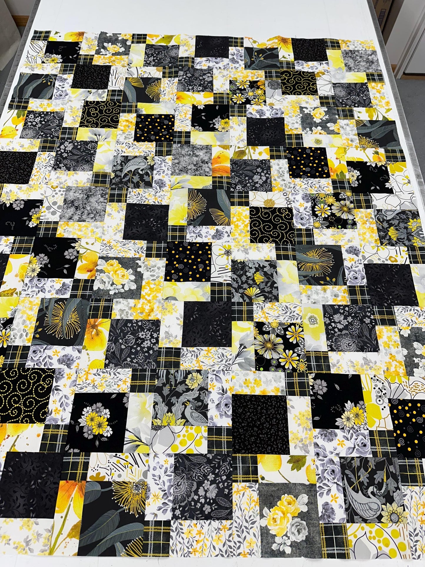 Handmade Black Gray Yellow Floral Quilt Top: Lap Quilt (45" x 58")