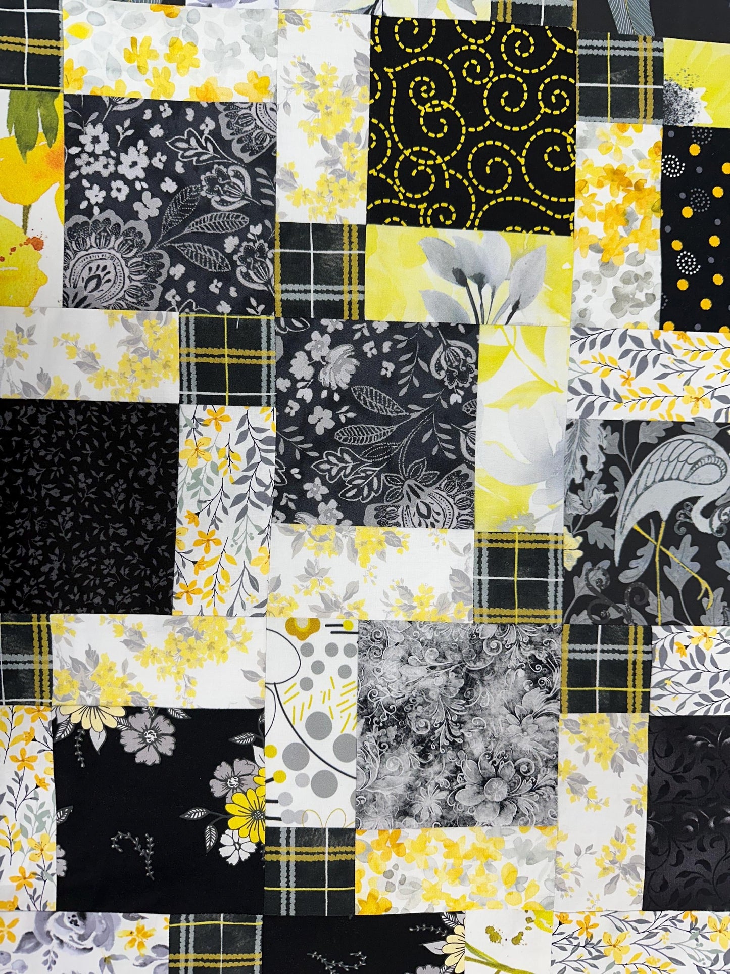Handmade Black Gray Yellow Floral Quilt Top: Lap Quilt (45" x 58")
