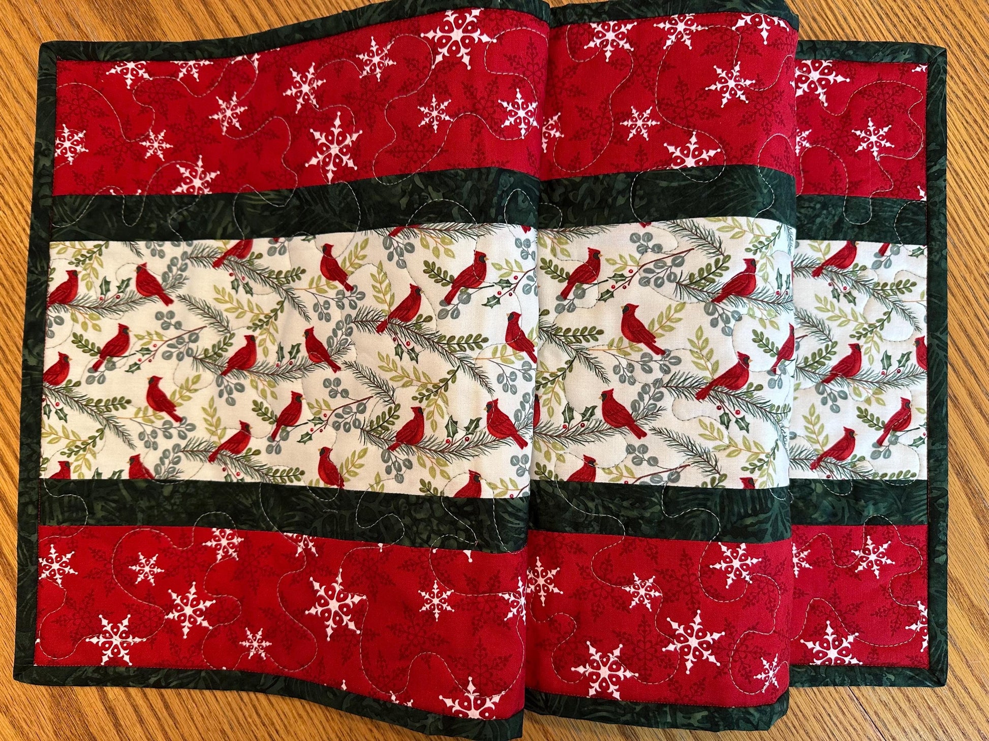 Handmade Quilted Cardinal Christmas Table Runner | Holiday Kitchen Centerpiece | 14 x 42 Festive Decor