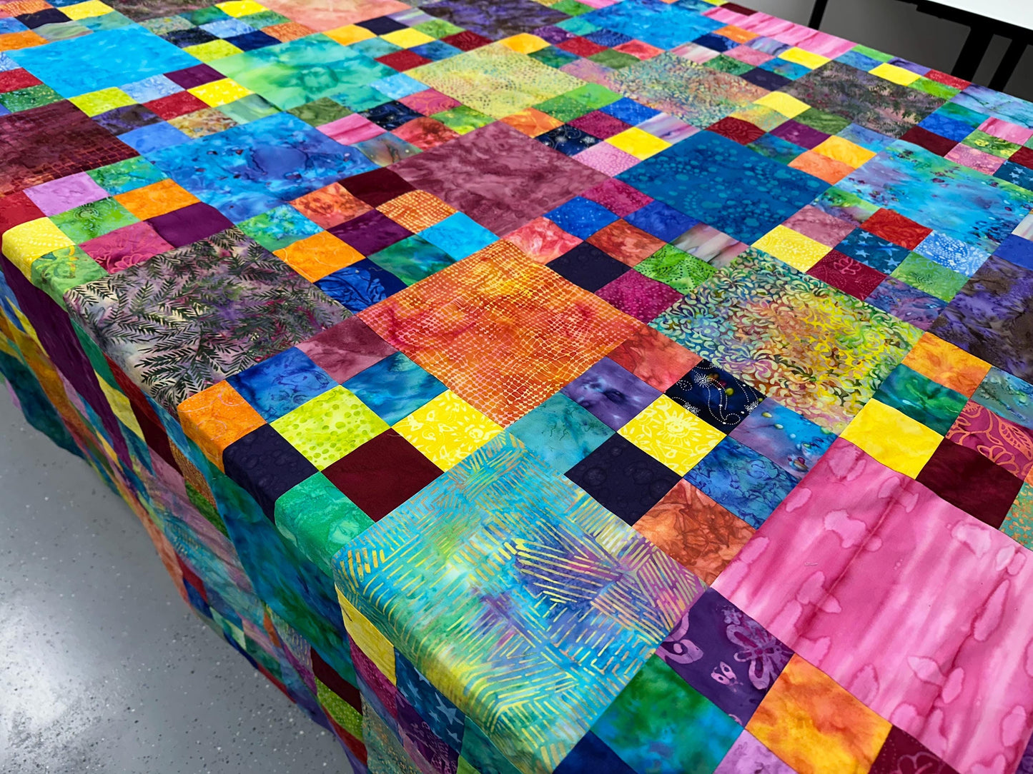 Handmade Batik King Queen Size Unfinished Quilt Top 98x90 Patchwork Floral Blanket Modern Bed