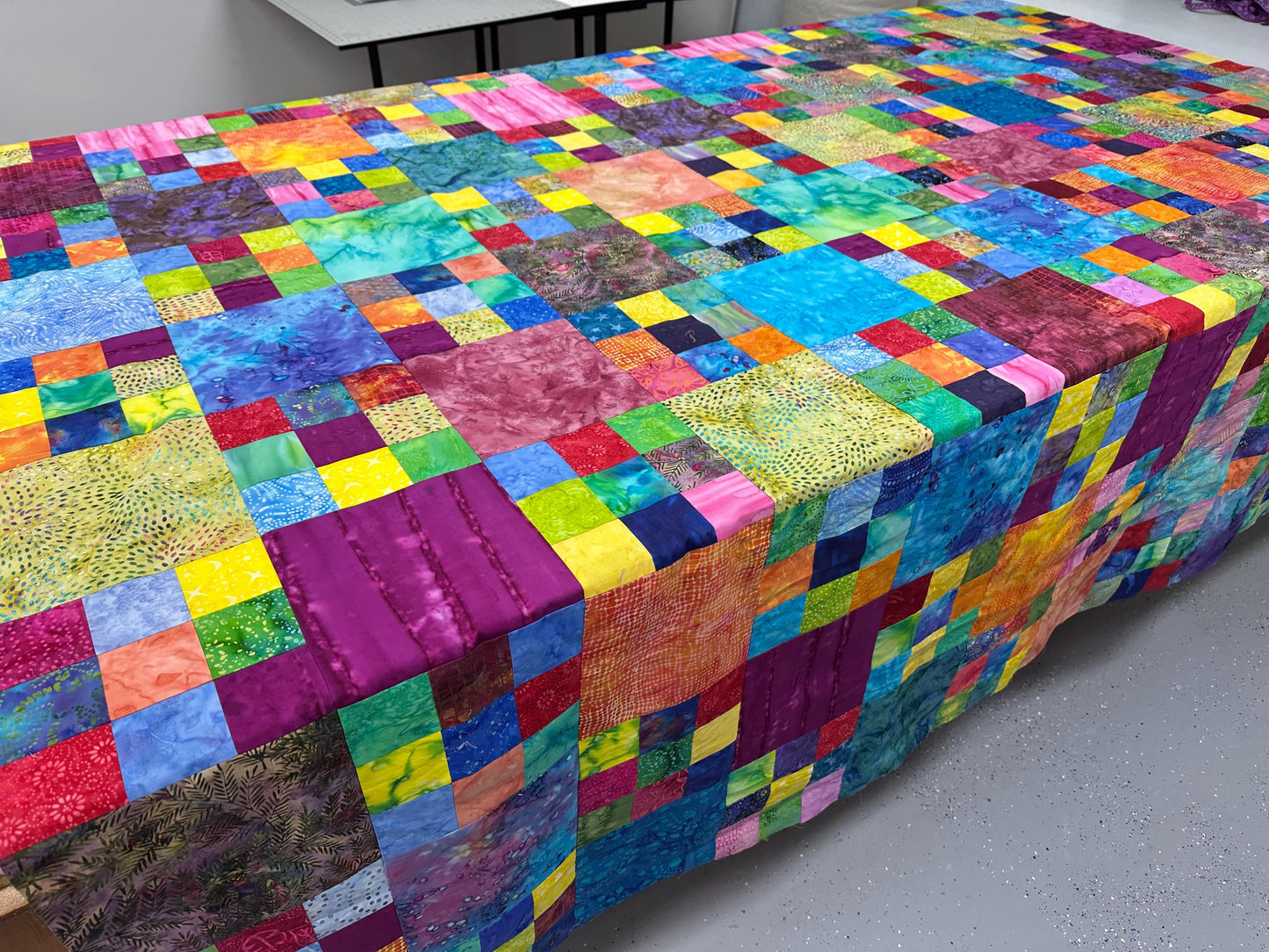 Handmade Batik King Queen Size Unfinished Quilt Top 98x90 Patchwork Floral Blanket Modern Bed