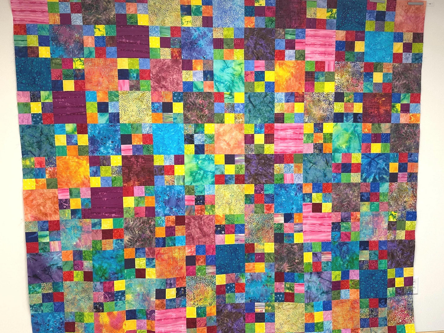 Handmade Batik King Queen Size Unfinished Quilt Top 98x90 Patchwork Floral Blanket Modern Bed