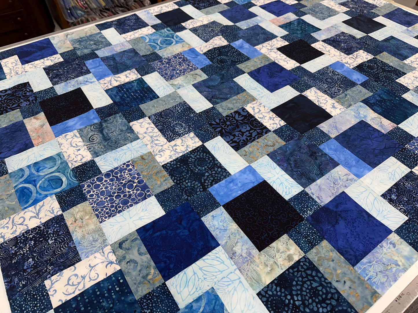 Handmade Batik Quilt Top 45x58 Blue Sofa Throw Lap Blanket Unfinished Cotton Patchwork