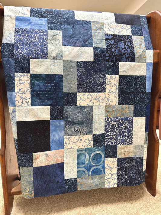 Handmade Batik Quilt Top 45x58 Blue Sofa Throw Lap Blanket Unfinished Cotton Patchwork