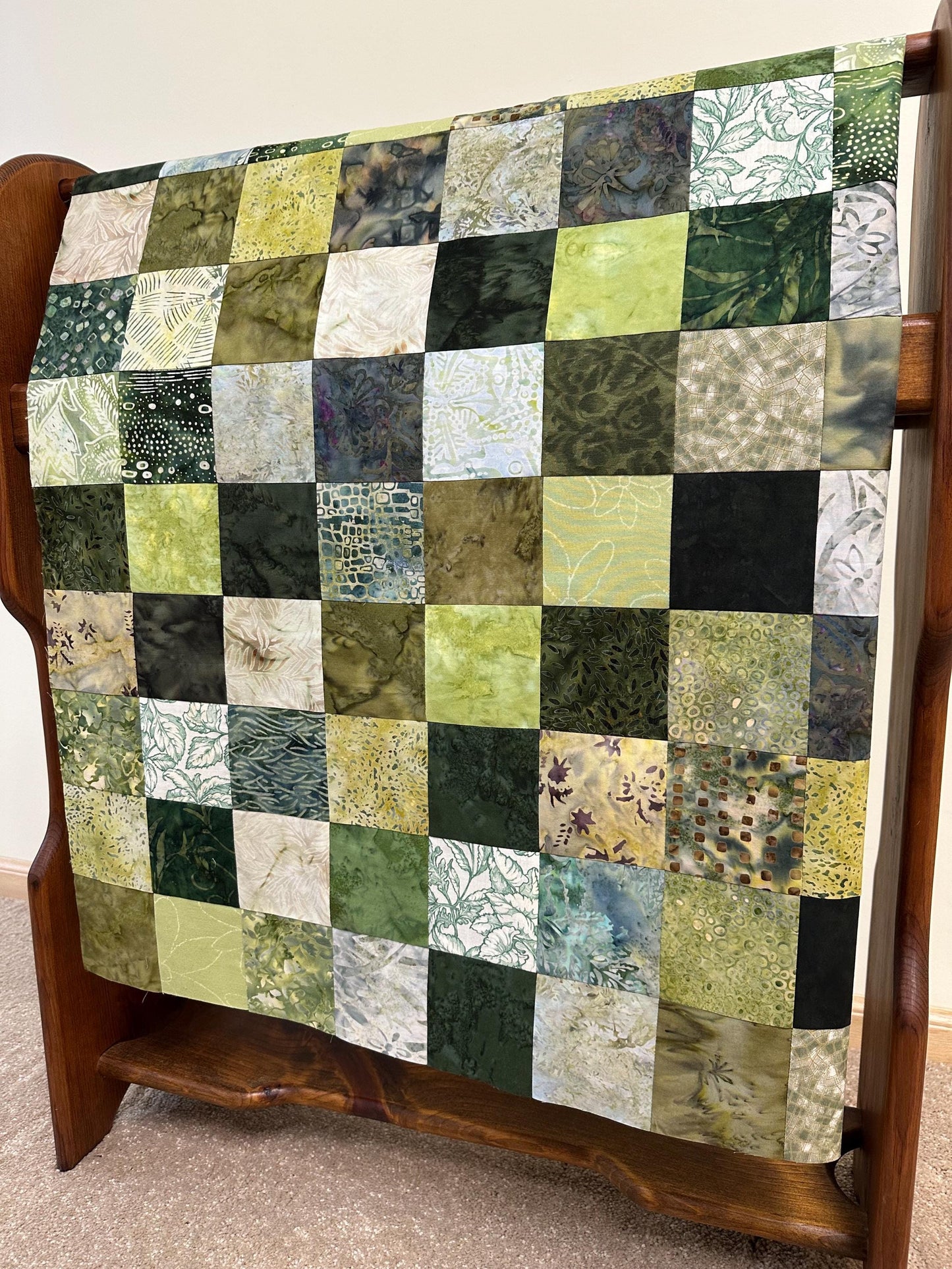 Unfinished Green Batik Quilt Top 36x45 Handmade Crib Lap Throw Patchwork Cotton Floral