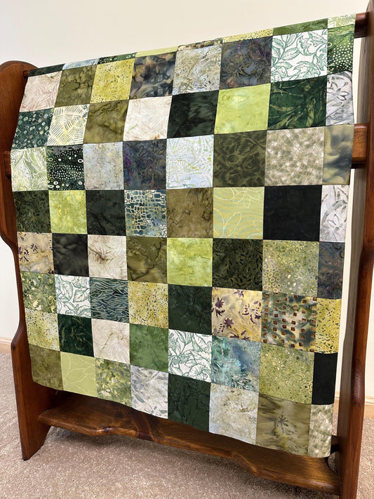 Unfinished Green Batik Quilt Top 36x45 Handmade Crib Lap Throw Patchwork Cotton Floral