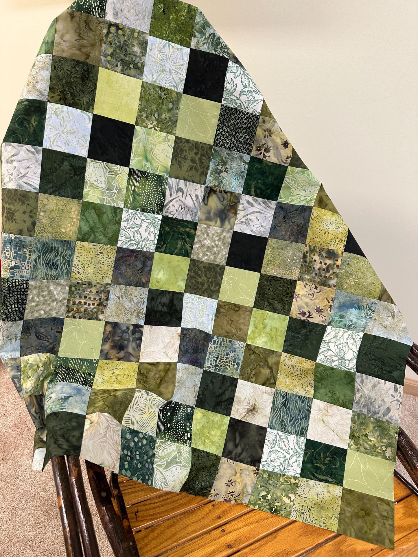 Unfinished Green Batik Quilt Top 36x45 Handmade Crib Lap Throw Patchwork Cotton Floral