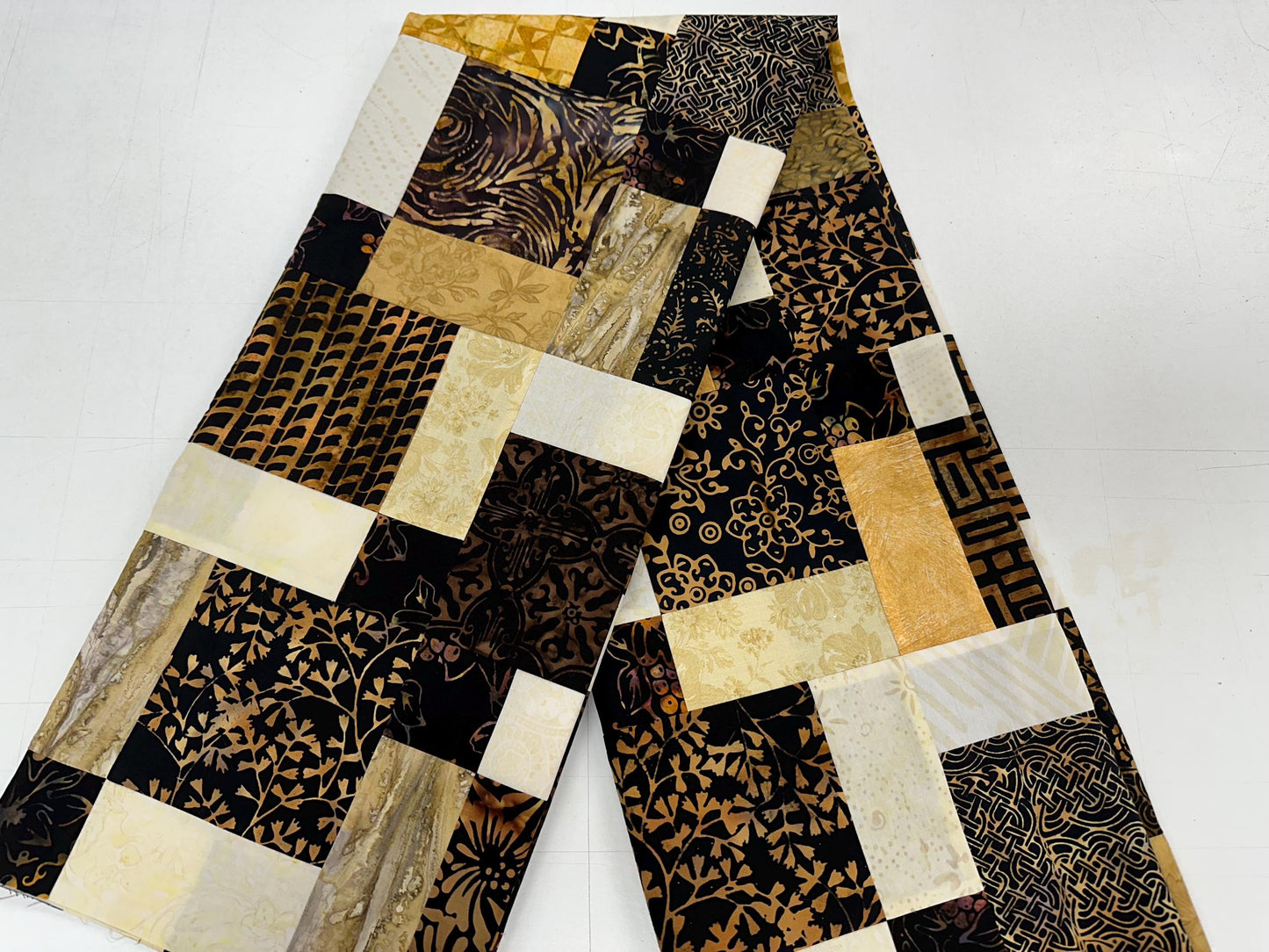 Unfinished Batik Quilt Top, Black Brown Gold, 45" x 58" Lap Throw