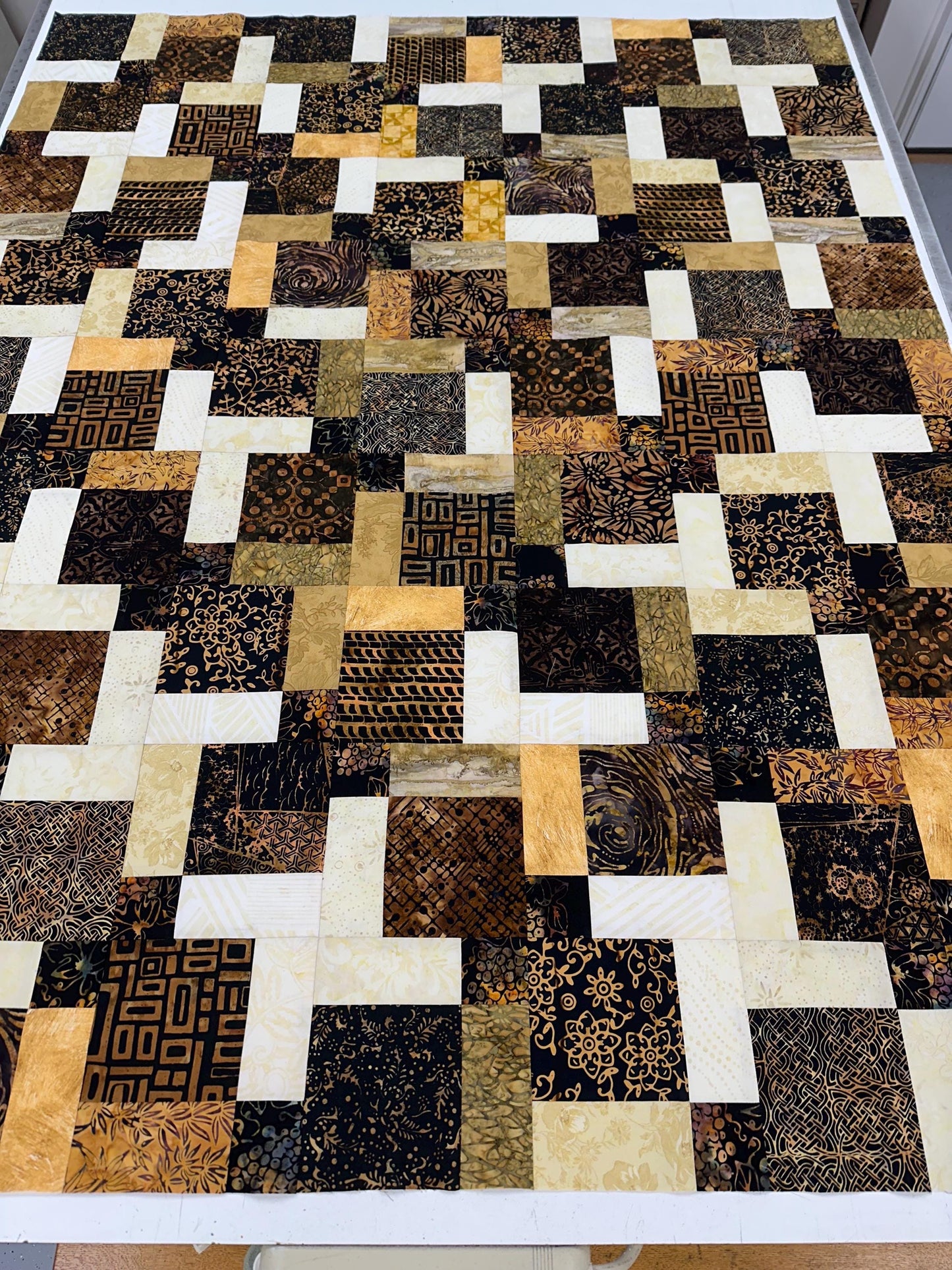 Unfinished Batik Quilt Top, Black Brown Gold, 45" x 58" Lap Throw