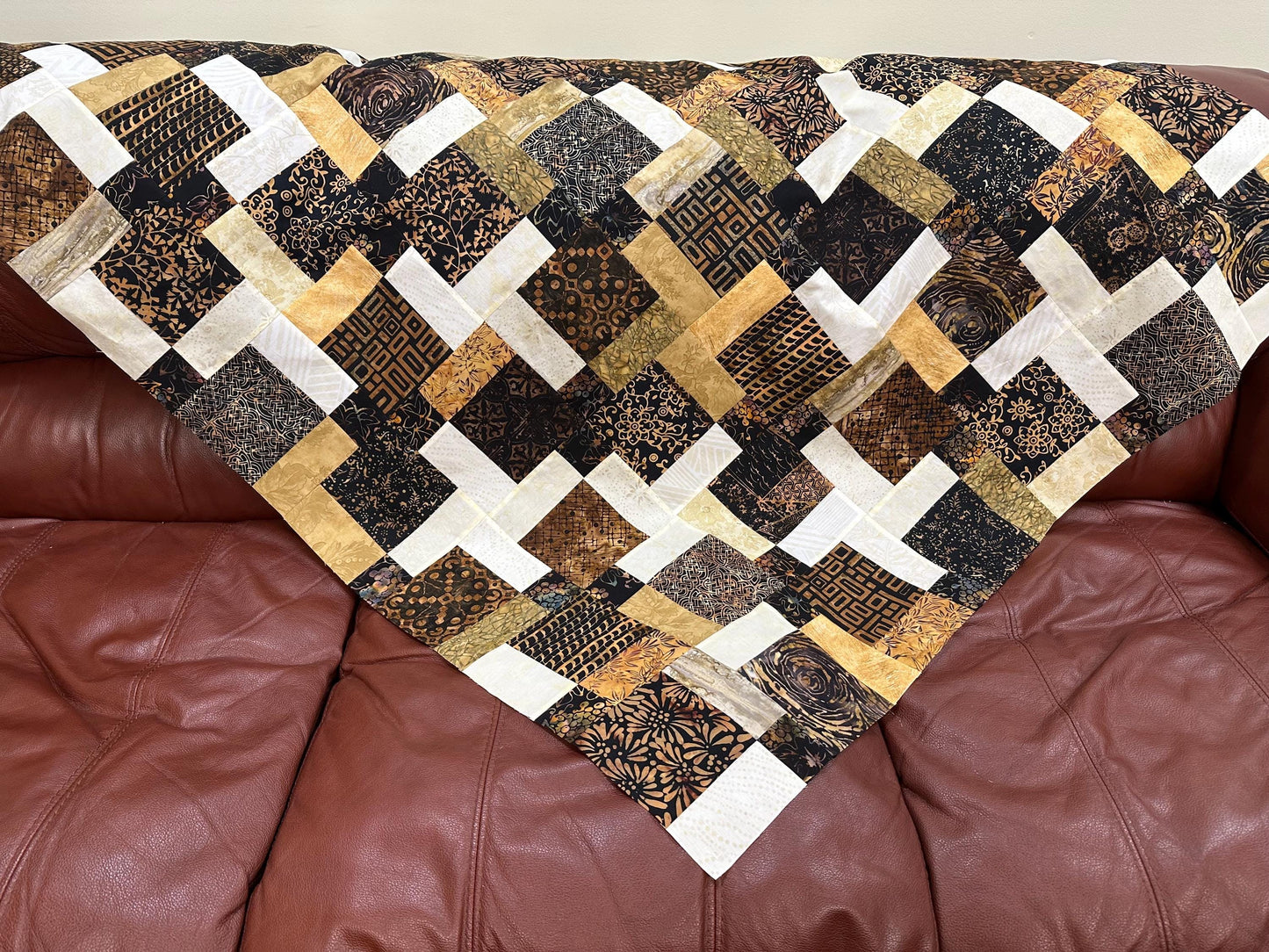 Unfinished Batik Quilt Top, Black Brown Gold, 45" x 58" Lap Throw