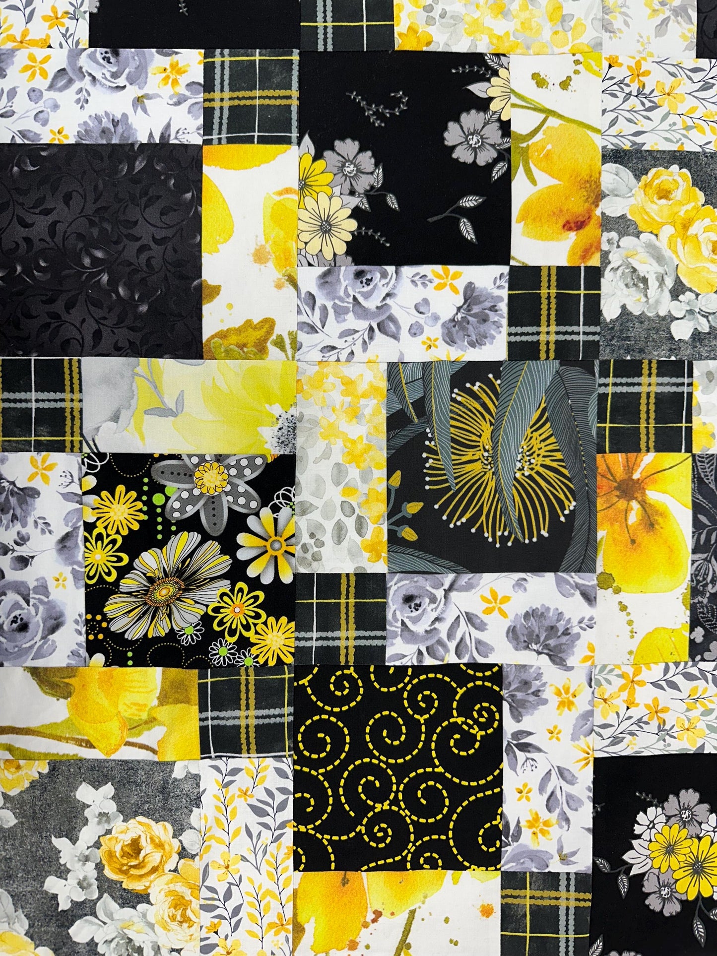 Handmade Black Gray Yellow Floral Quilt Top: Lap Quilt (45" x 58")