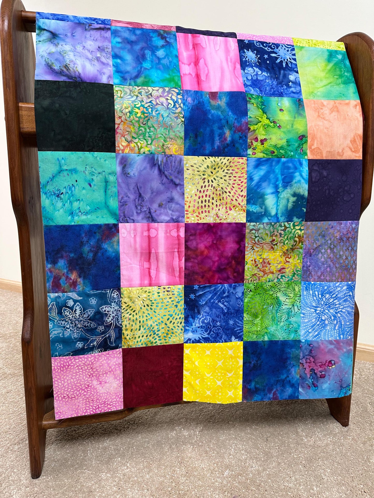 Unfinished Batik Quilt Top 36x45 Handmade Multi-Color Cotton Floral Patchwork Crib Lap Throw