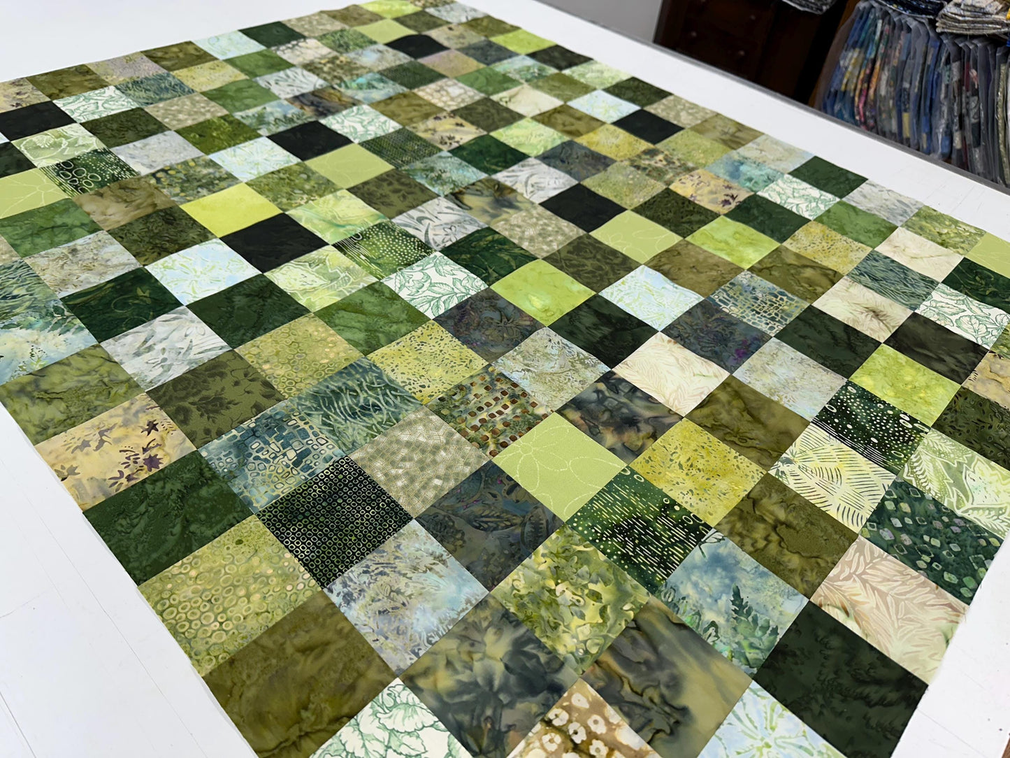 Unfinished Green Batik Quilt Top 36x45 Handmade Crib Lap Throw Patchwork Cotton Floral