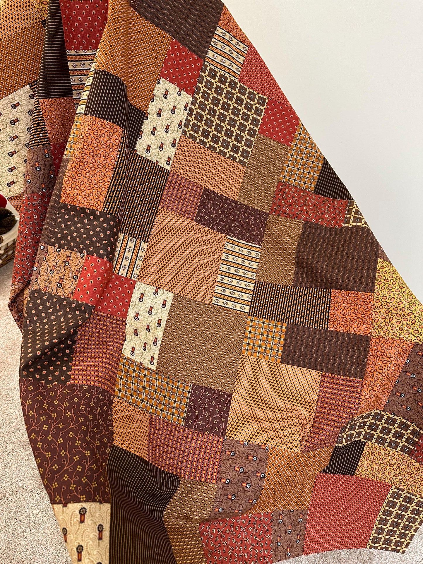 Autumn Spice Market Unfinished Quilt Top 54x63 Fall Handmade Patchwork Ready to Finish