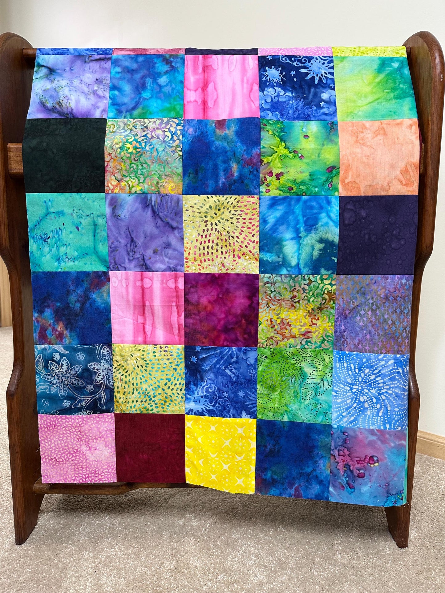 Unfinished Batik Quilt Top 36x45 Handmade Multi-Color Cotton Floral Patchwork Crib Lap Throw