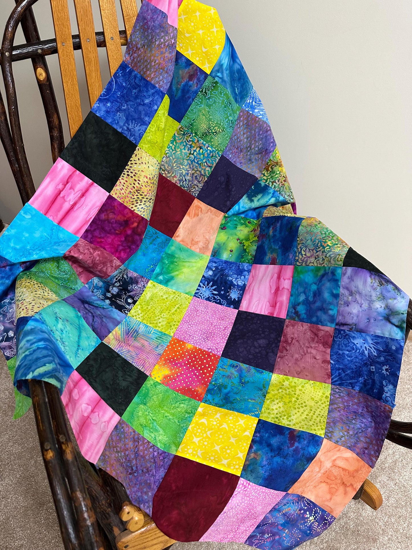 Unfinished Batik Quilt Top 36x45 Handmade Multi-Color Cotton Floral Patchwork Crib Lap Throw