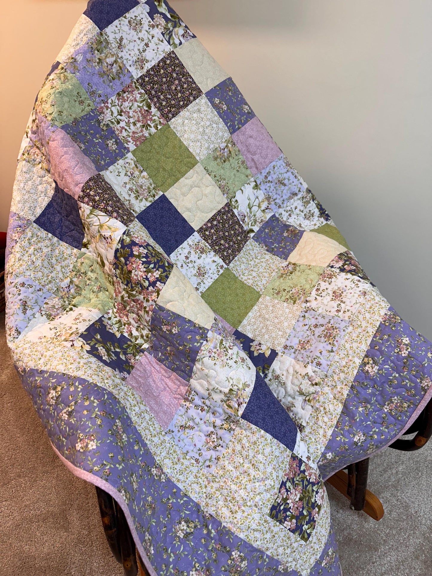 Handmade Patchwork Quilt: Purple Green Cotton Floral Couch Throw (59" x 72")