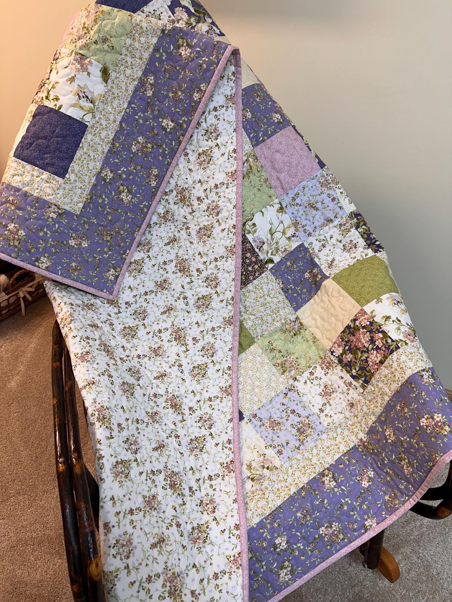 Handmade Patchwork Quilt: Purple Green Cotton Floral Couch Throw (59" x 72")
