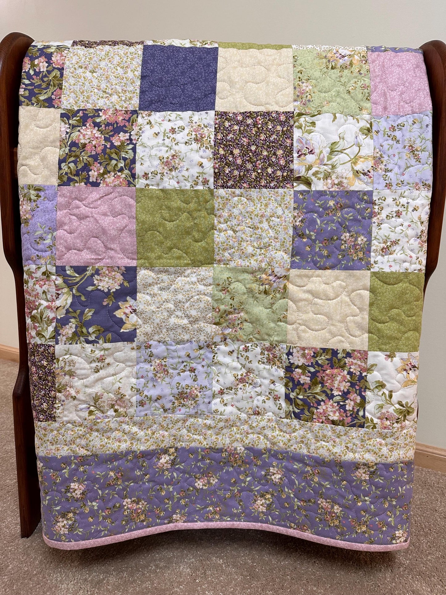 Handmade Patchwork Quilt: Purple Green Cotton Floral Couch Throw (59" x 72")