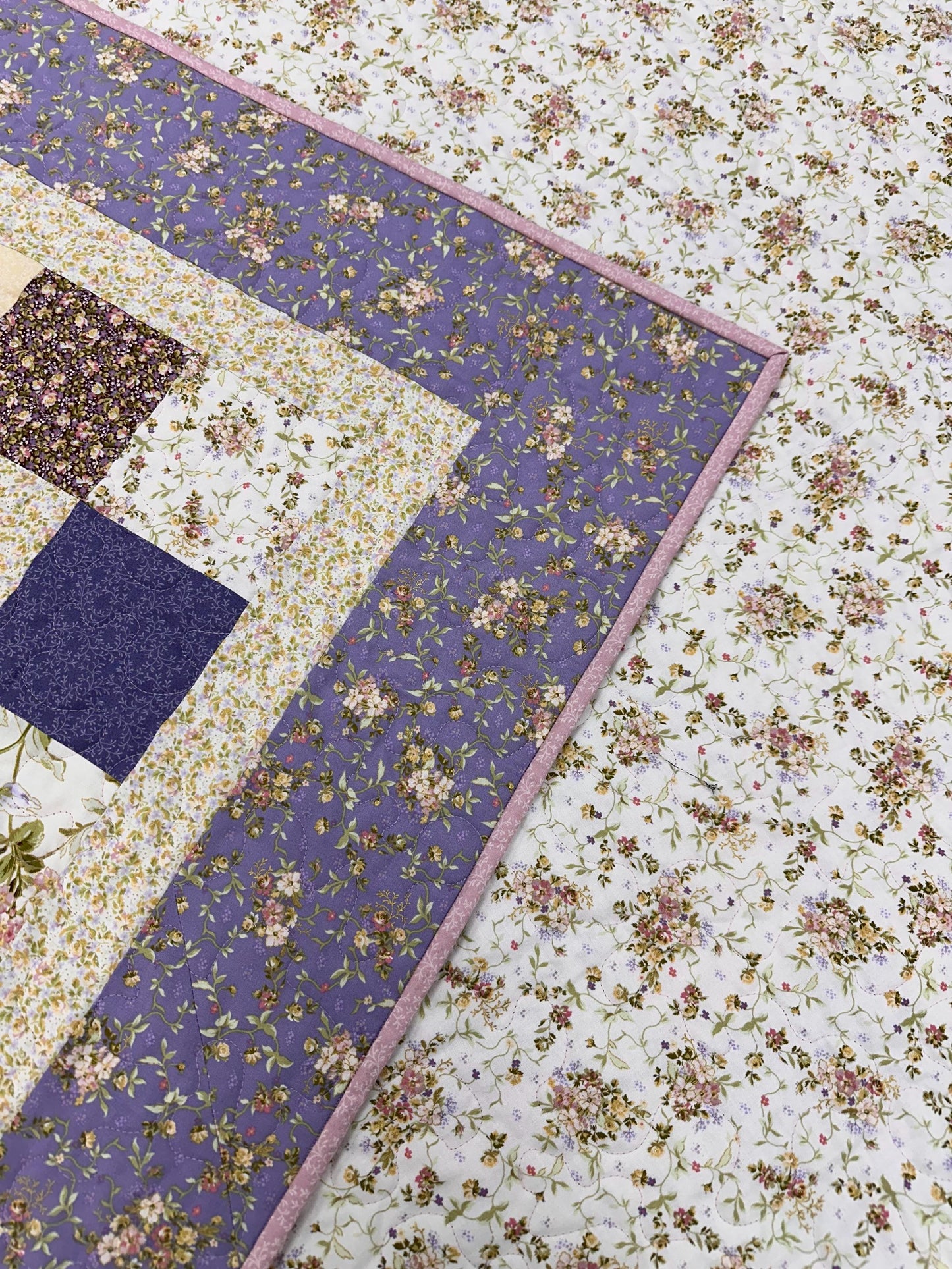 Handmade Patchwork Quilt: Purple Green Cotton Floral Couch Throw (59" x 72")