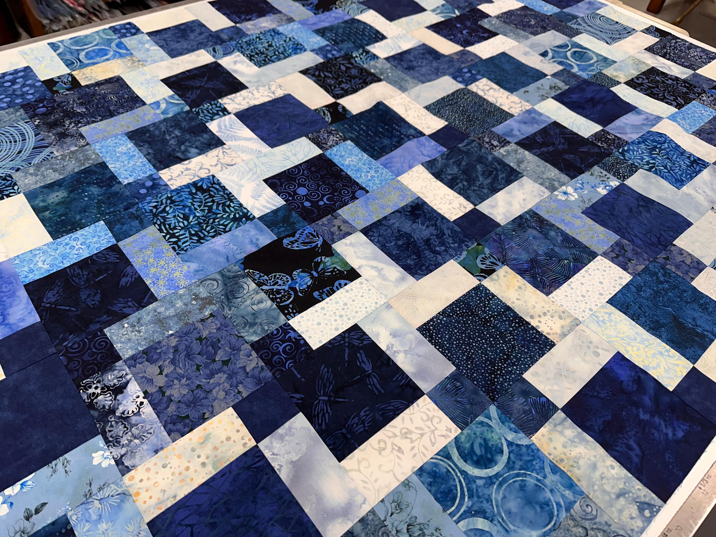 Handmade Batik Quilt Top 45x58 Blue Sofa Throw Lap Blanket Unfinished Cotton Patchwork