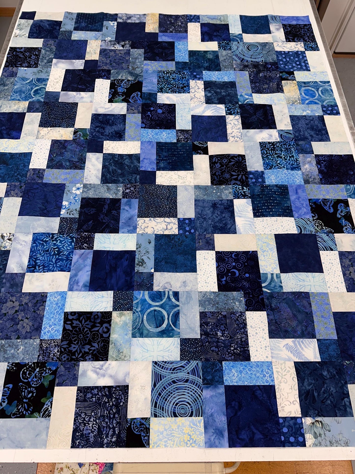 Handmade Batik Quilt Top 45x58 Blue Sofa Throw Lap Blanket Unfinished Cotton Patchwork