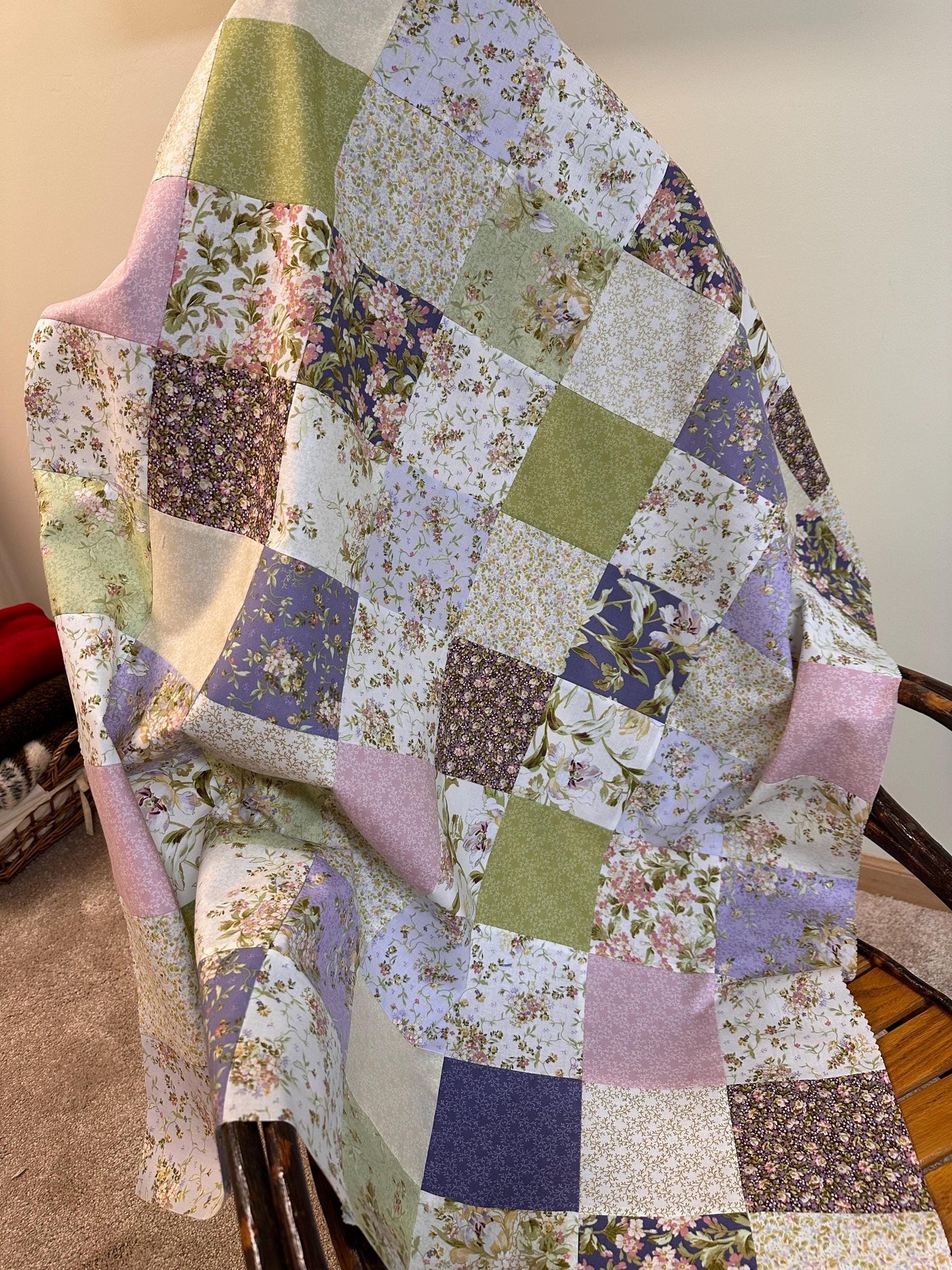 Unfinished Quilt Top 36x45 Handmade Crib Lap Throw Patchwork Cotton Floral