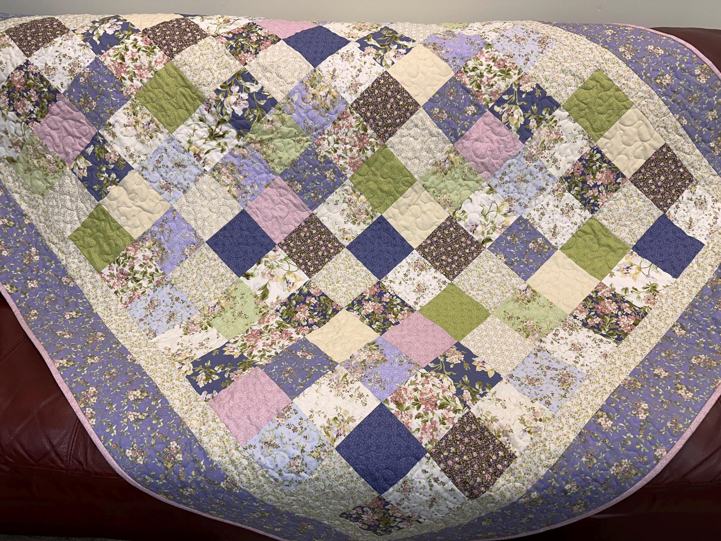 Handmade Patchwork Quilt: Purple Green Cotton Floral Couch Throw (59" x 72")