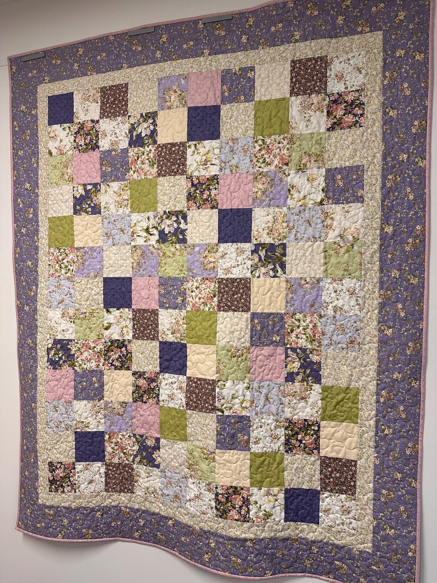 Handmade Patchwork Quilt: Purple Green Cotton Floral Couch Throw (59" x 72")