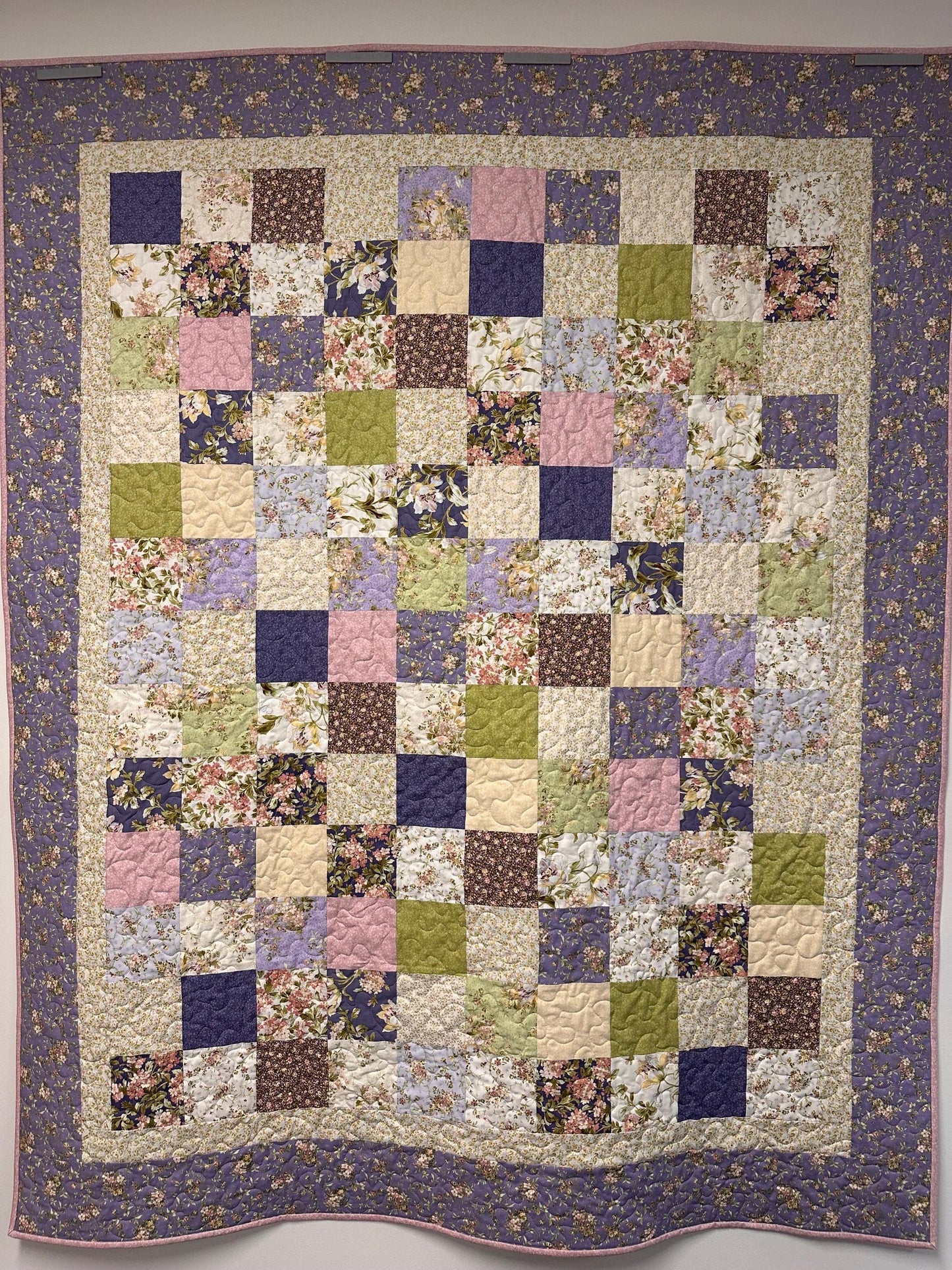 Handmade Patchwork Quilt: Purple Green Cotton Floral Couch Throw (59" x 72")