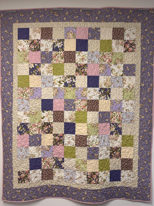 Handmade Patchwork Quilt: Purple Green Cotton Floral Couch Throw (59" x 72")