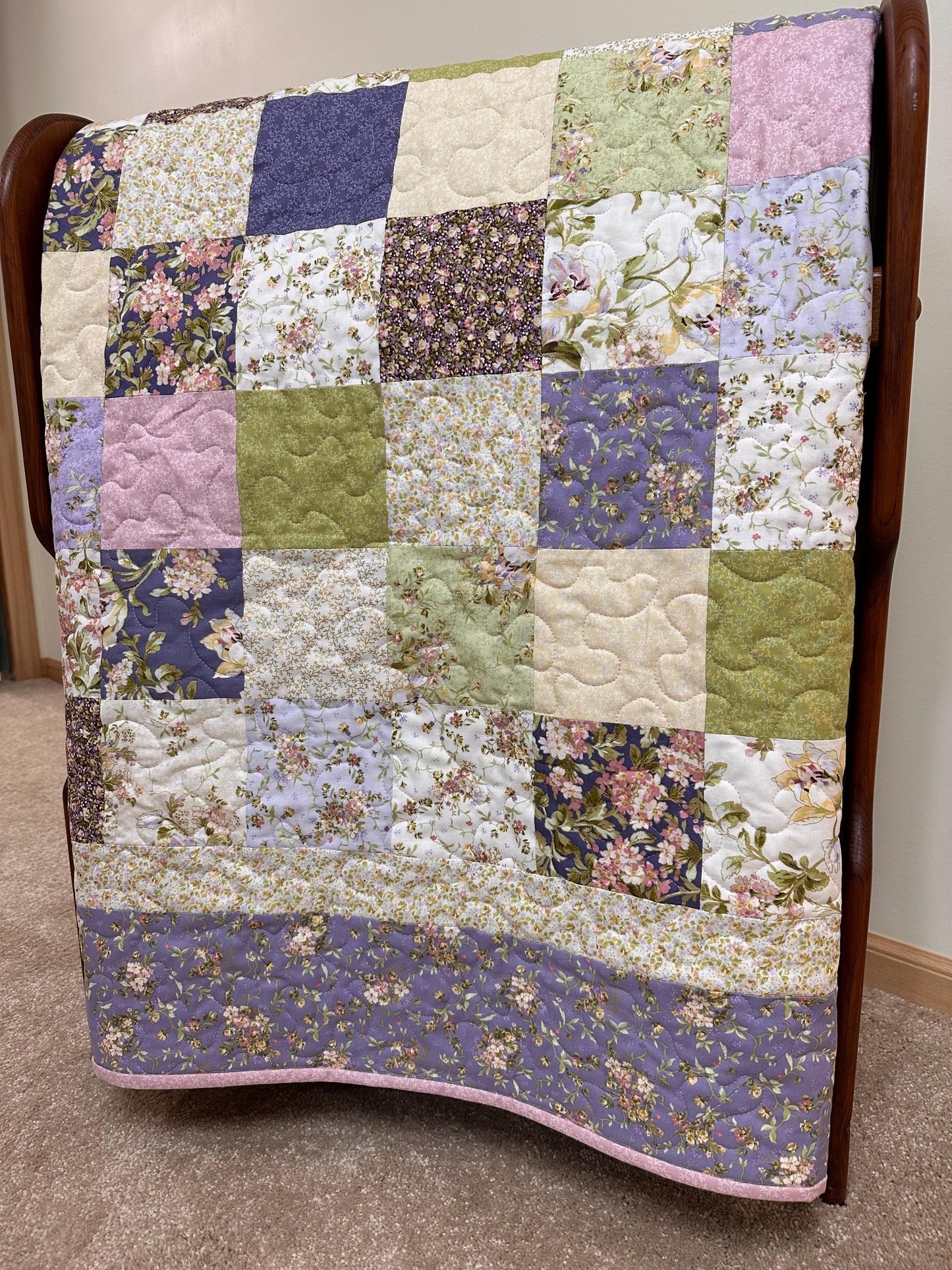 Handmade Patchwork Quilt: Purple Green Cotton Floral Couch Throw (59" x 72")