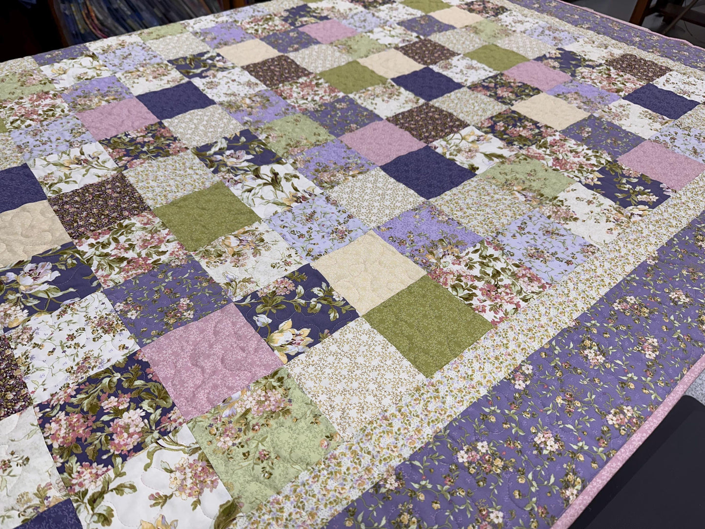 Handmade Patchwork Quilt: Purple Green Cotton Floral Couch Throw (59" x 72")