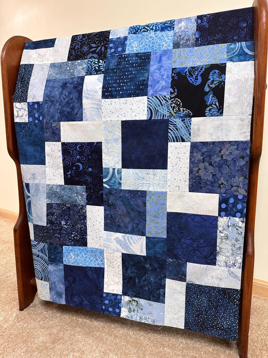 Handmade Batik Quilt Top 45x58 Blue Sofa Throw Lap Blanket Unfinished Cotton Patchwork