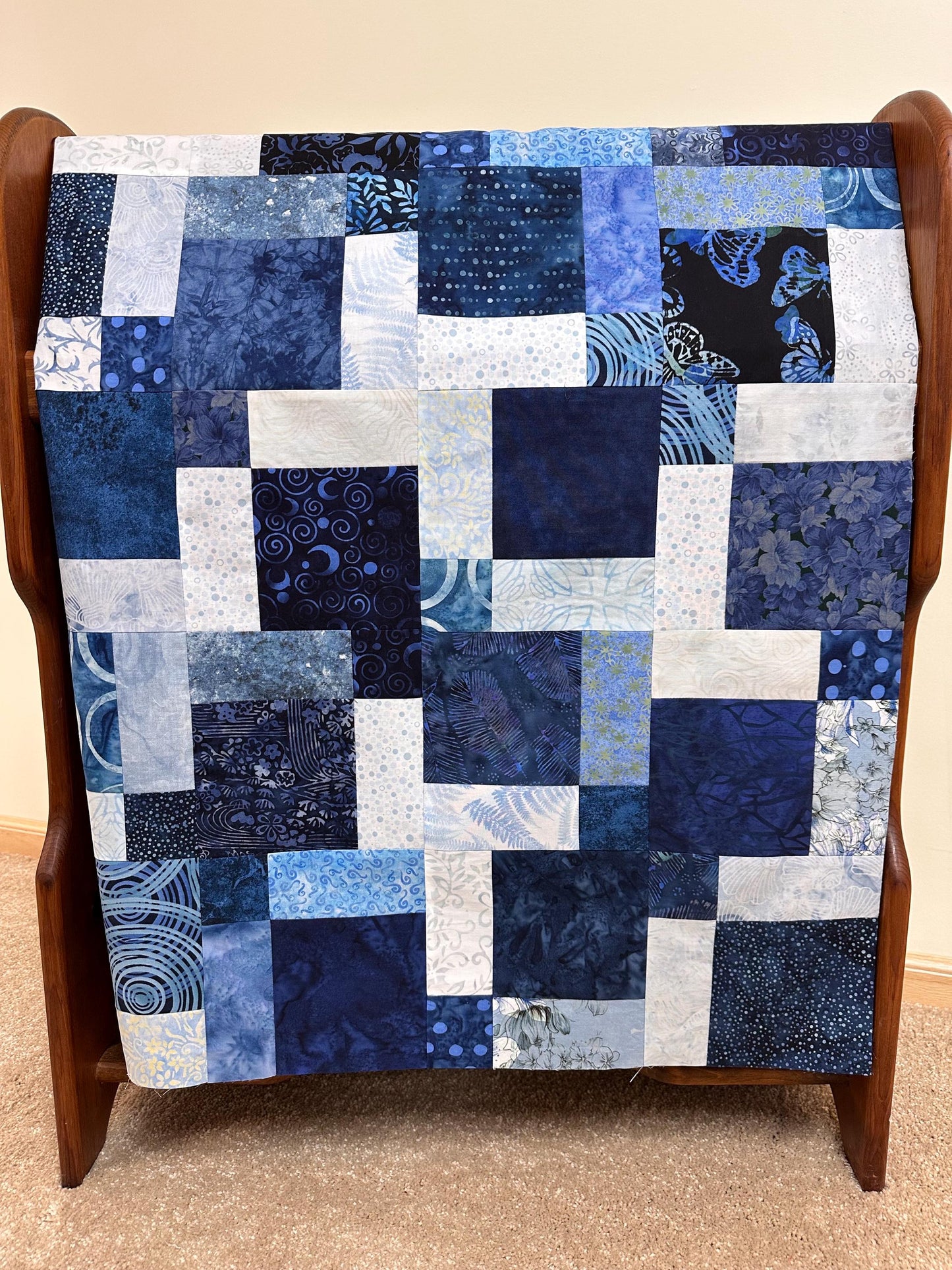 Handmade Batik Quilt Top 45x58 Blue Sofa Throw Lap Blanket Unfinished Cotton Patchwork