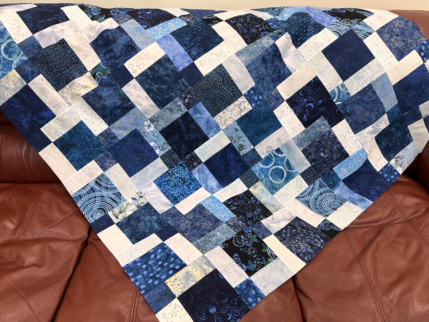 Handmade Batik Quilt Top 45x58 Blue Sofa Throw Lap Blanket Unfinished Cotton Patchwork