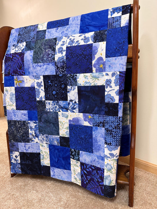 Blue Batik Quilt Top 45x58 Handmade Sofa Throw Lap Blanket Unfinished Cotton Patchwork