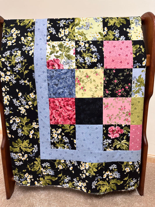Poppies Pink Blue Green Floral Unfinished Quilt Top: 59x68 Inch Patchwork Ready to Finish