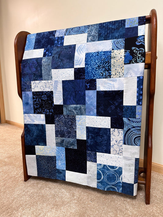 Blue Batik Quilt Top 45x58 Handmade Sofa Throw Lap Blanket Unfinished Cotton Patchwork
