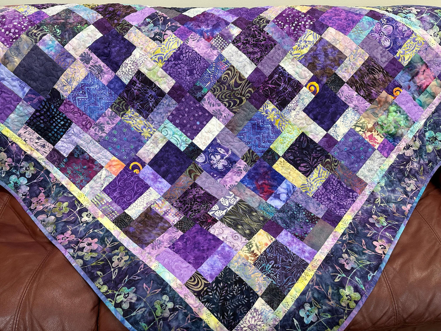 Purple Batik Patchwork Quilt: Handmade Cotton Sofa Throw Blanket 57x70