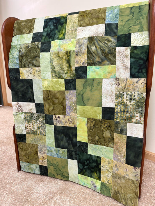 Unfinished Green Batik Quilt Top: Lap/Sofa Throw Size 45x58 inches, Ready for Quilting