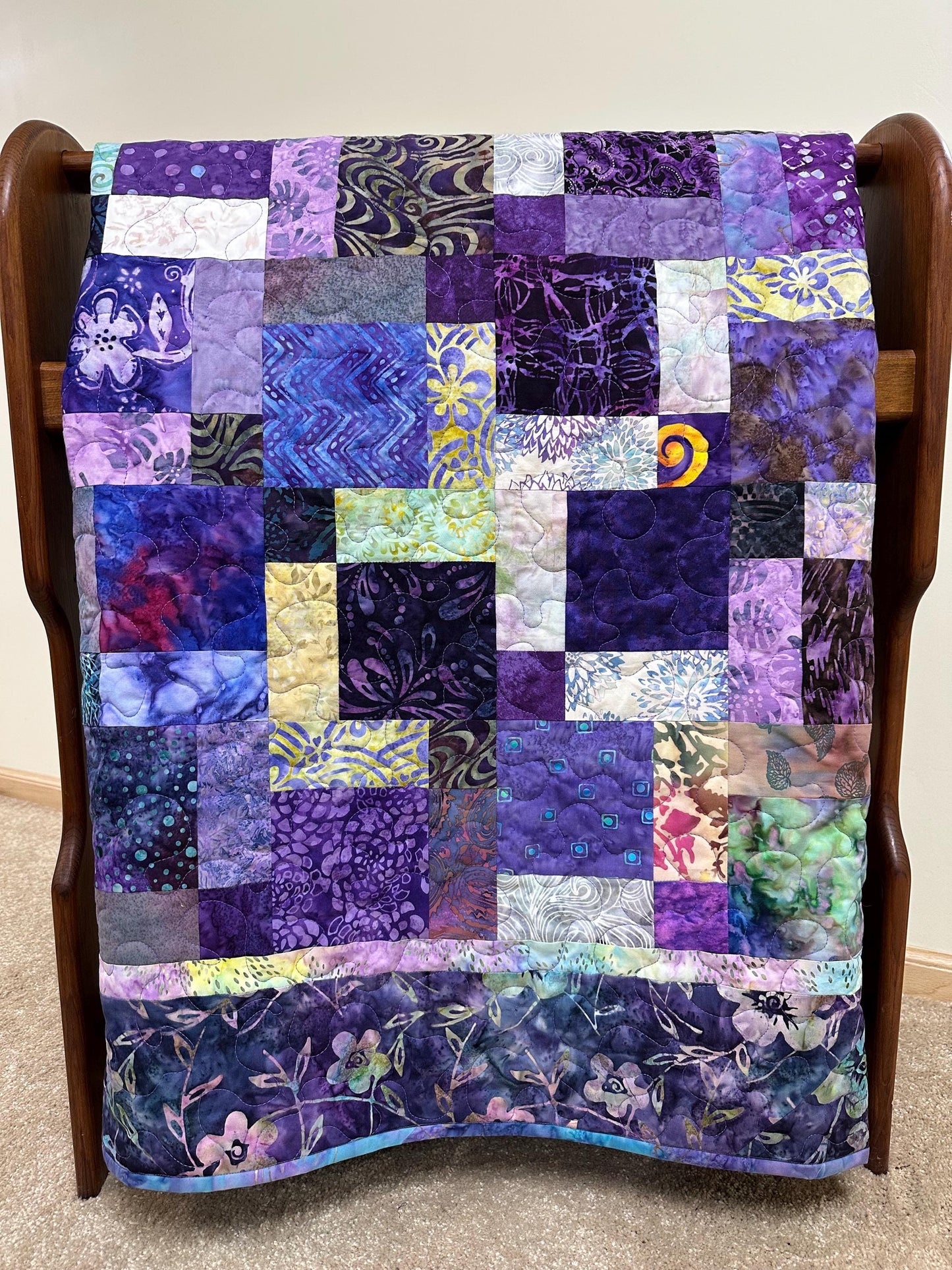 Purple Batik Patchwork Quilt: Handmade Cotton Sofa Throw Blanket 57x70