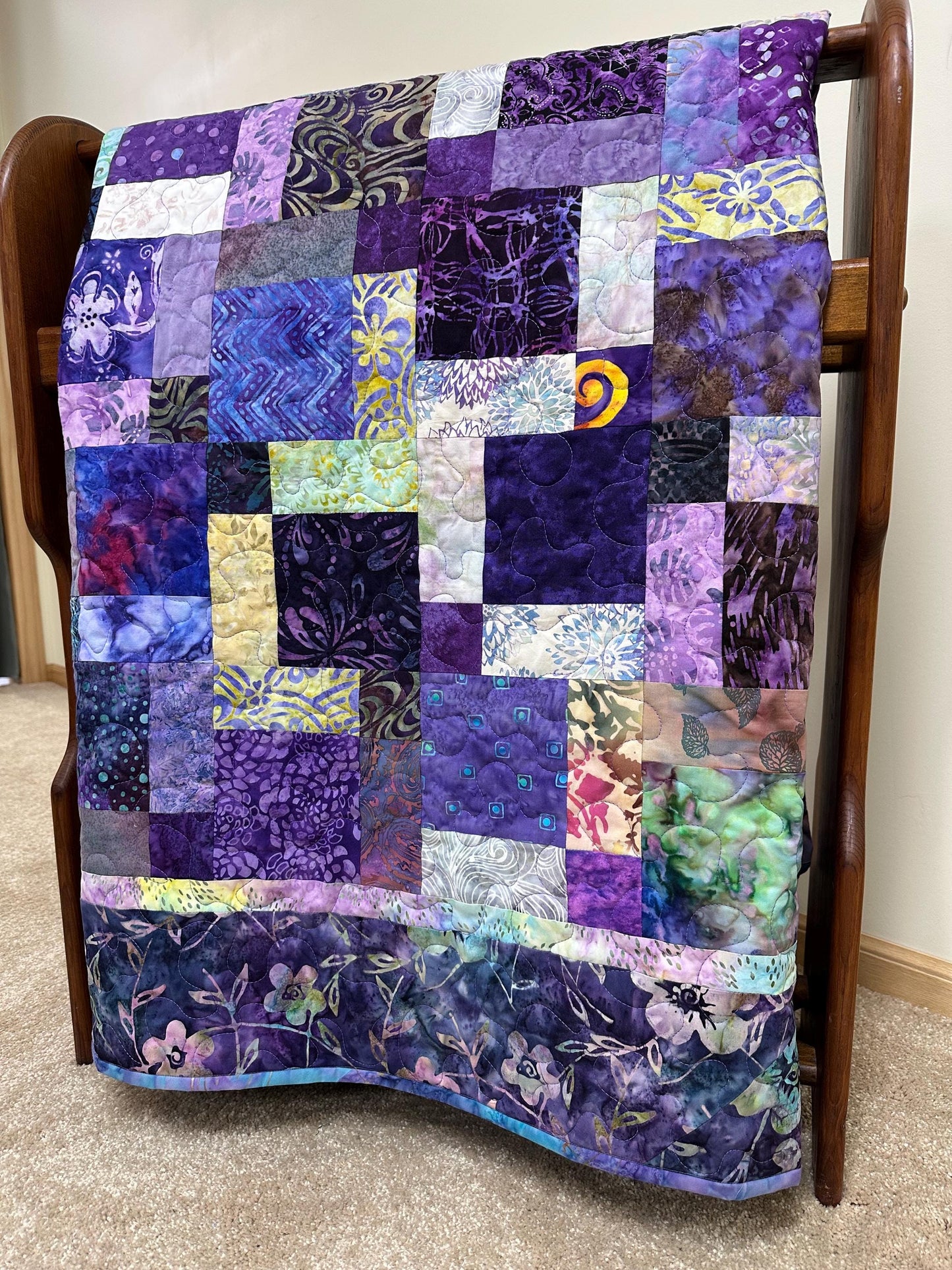 Purple Batik Patchwork Quilt: Handmade Cotton Sofa Throw Blanket 57x70