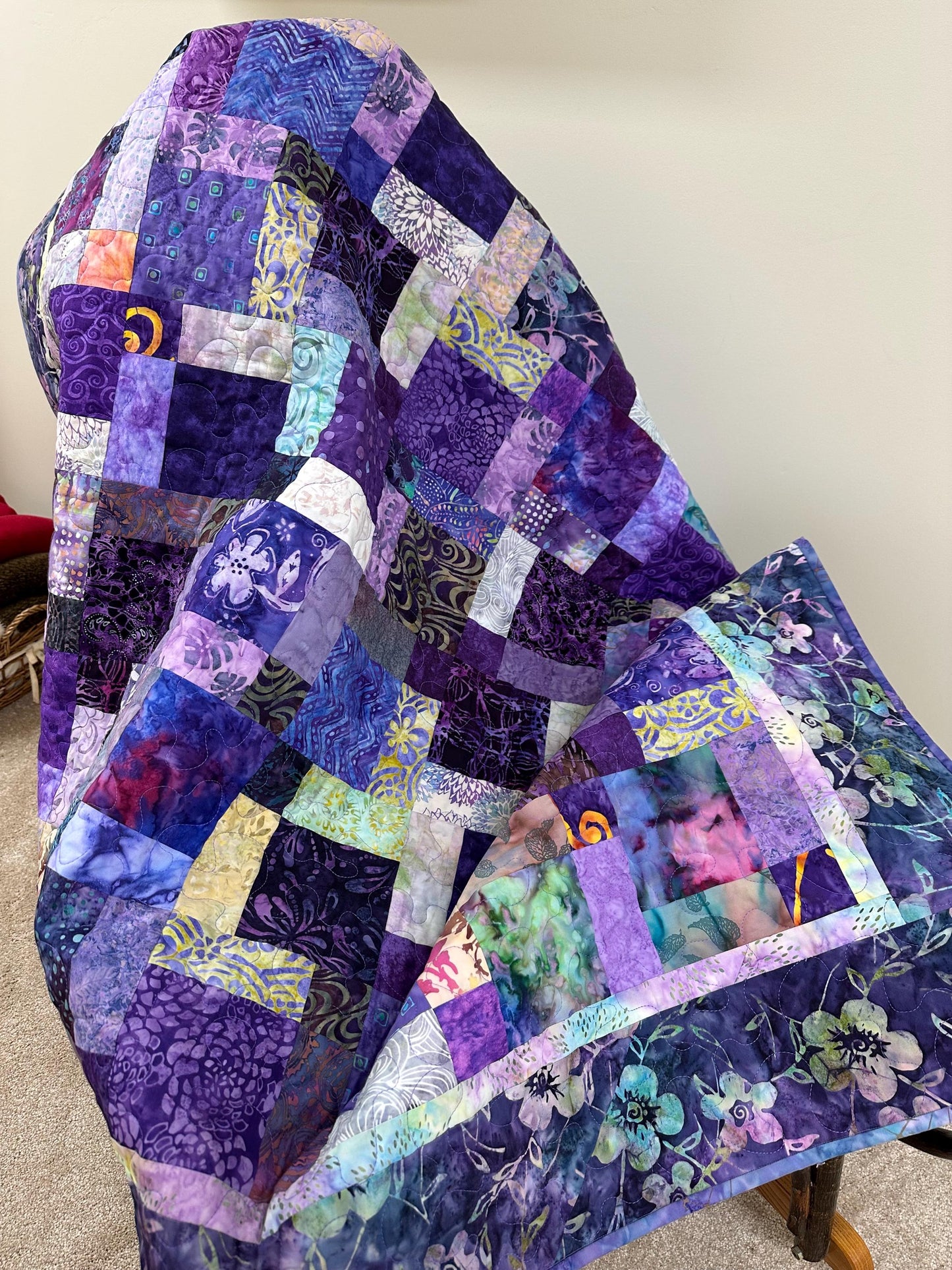 Purple Batik Patchwork Quilt: Handmade Cotton Sofa Throw Blanket 57x70