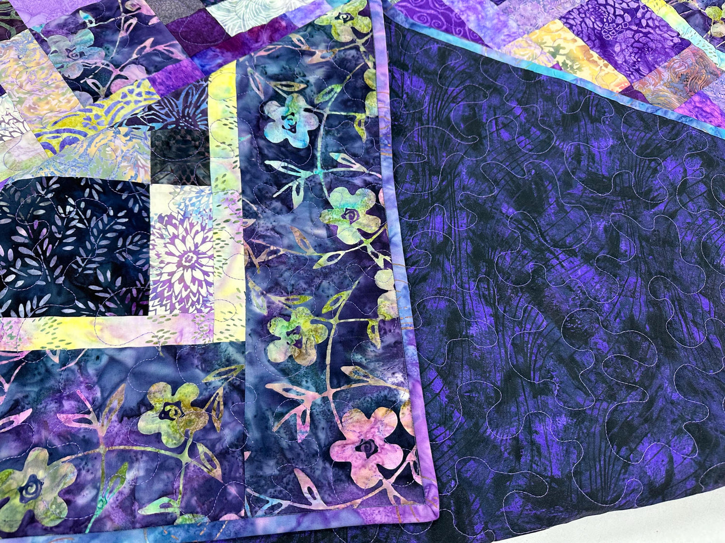 Purple Batik Patchwork Quilt: Handmade Cotton Sofa Throw Blanket 57x70