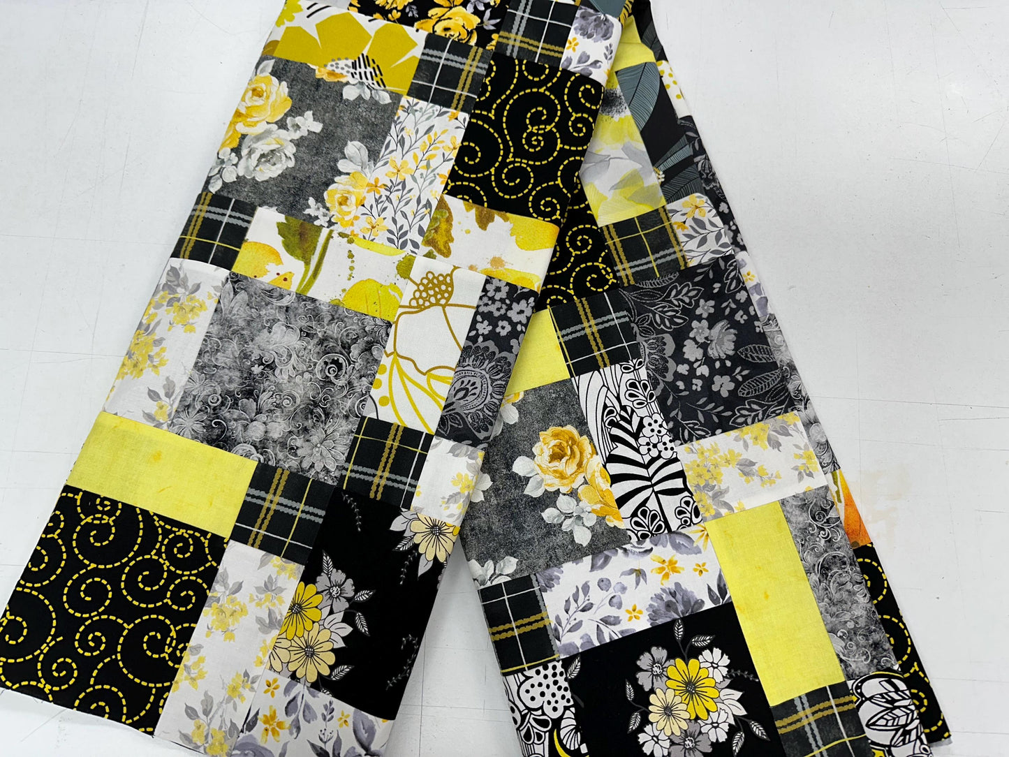 Handmade Black Gray Yellow Floral Unfinished Quilt Top: Lap Quilt (45" x 58")