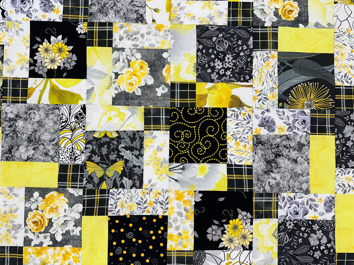 Handmade Black Gray Yellow Floral Unfinished Quilt Top: Lap Quilt (45" x 58")