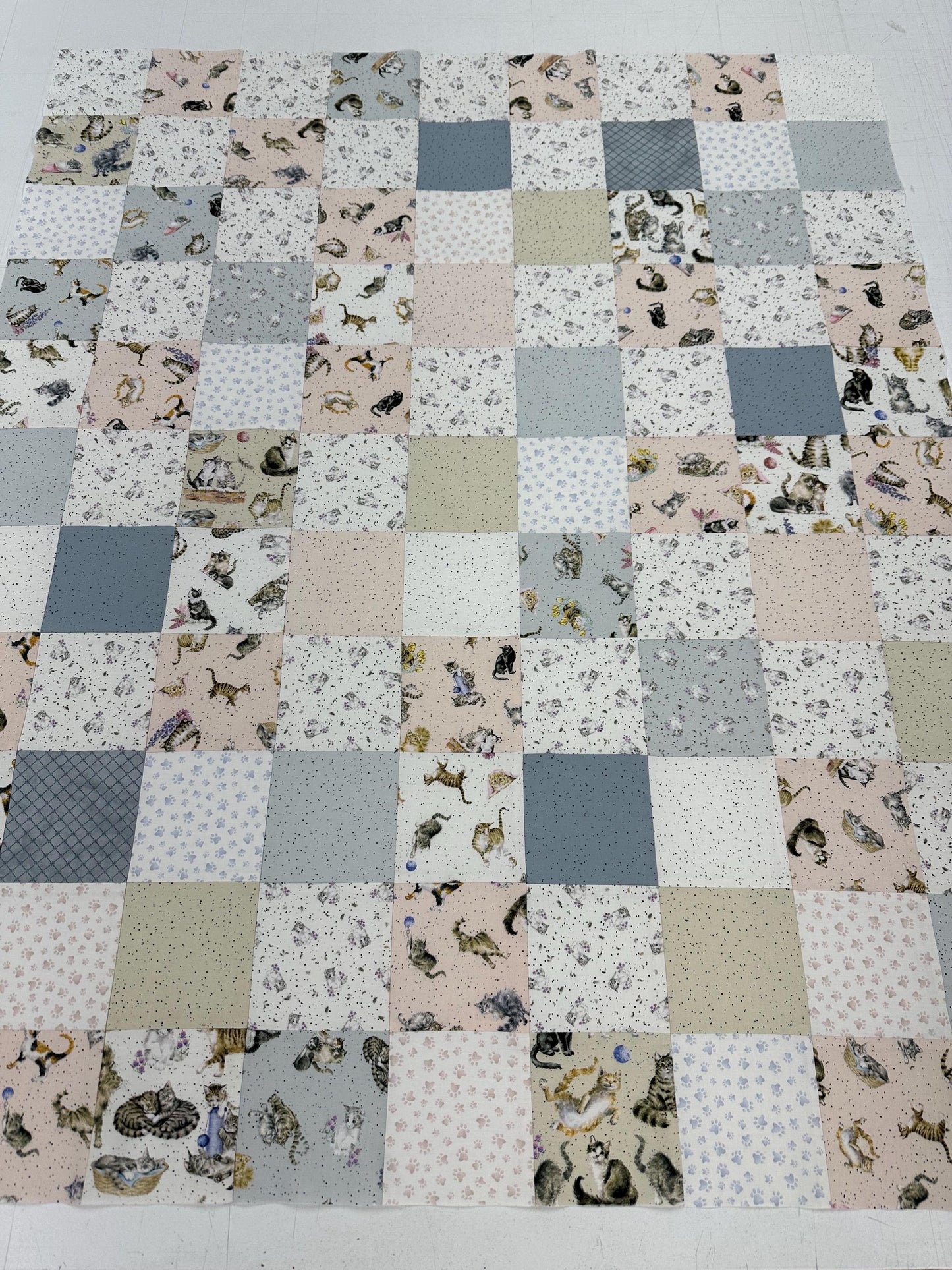 Unfinished Quilt Top: Cats Whiskers & Paws, Handmade, Modern Nursery Decor 36x44