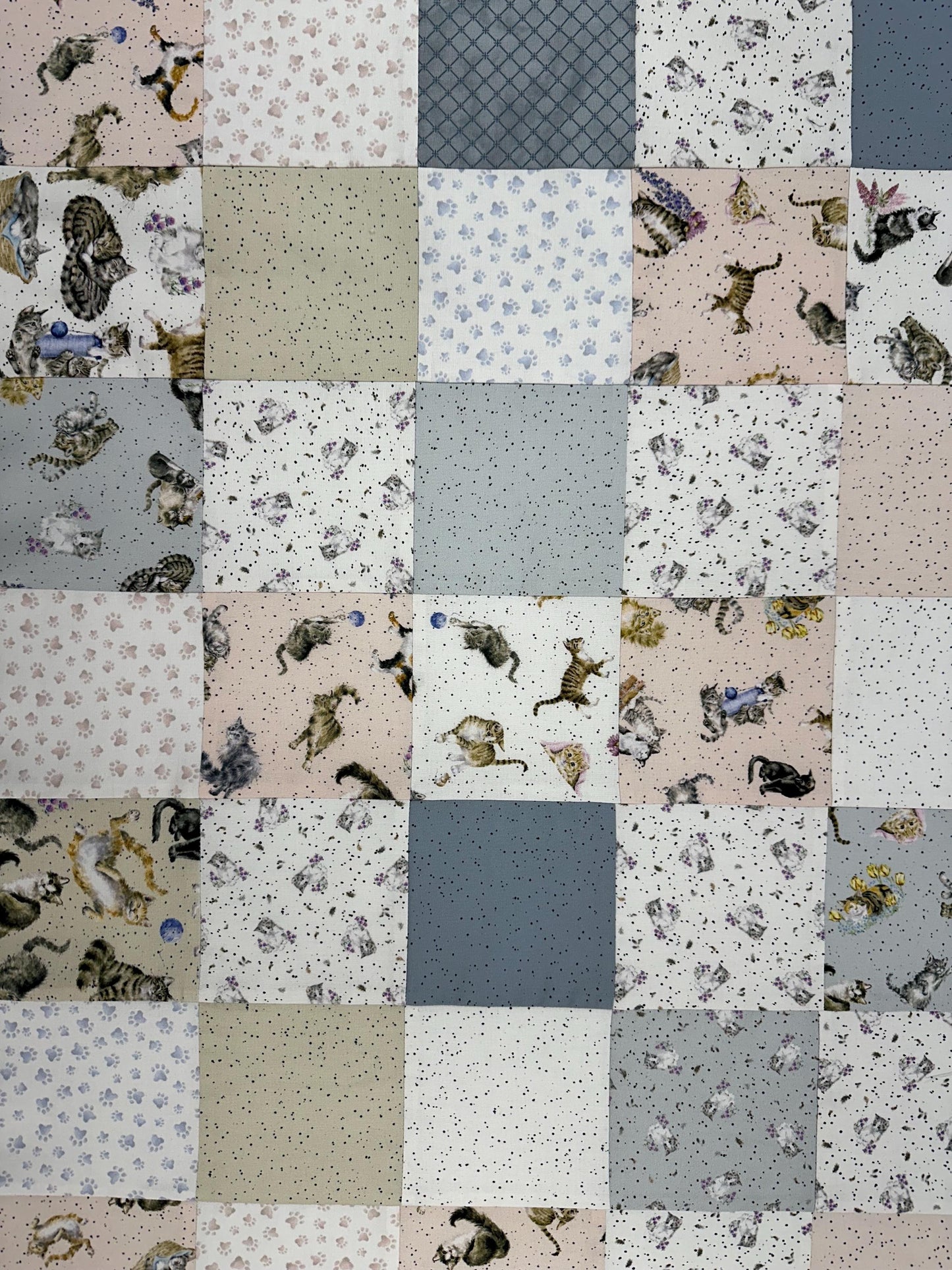 Unfinished Quilt Top: Cats Whiskers & Paws, Handmade, Modern Nursery Decor 36x44